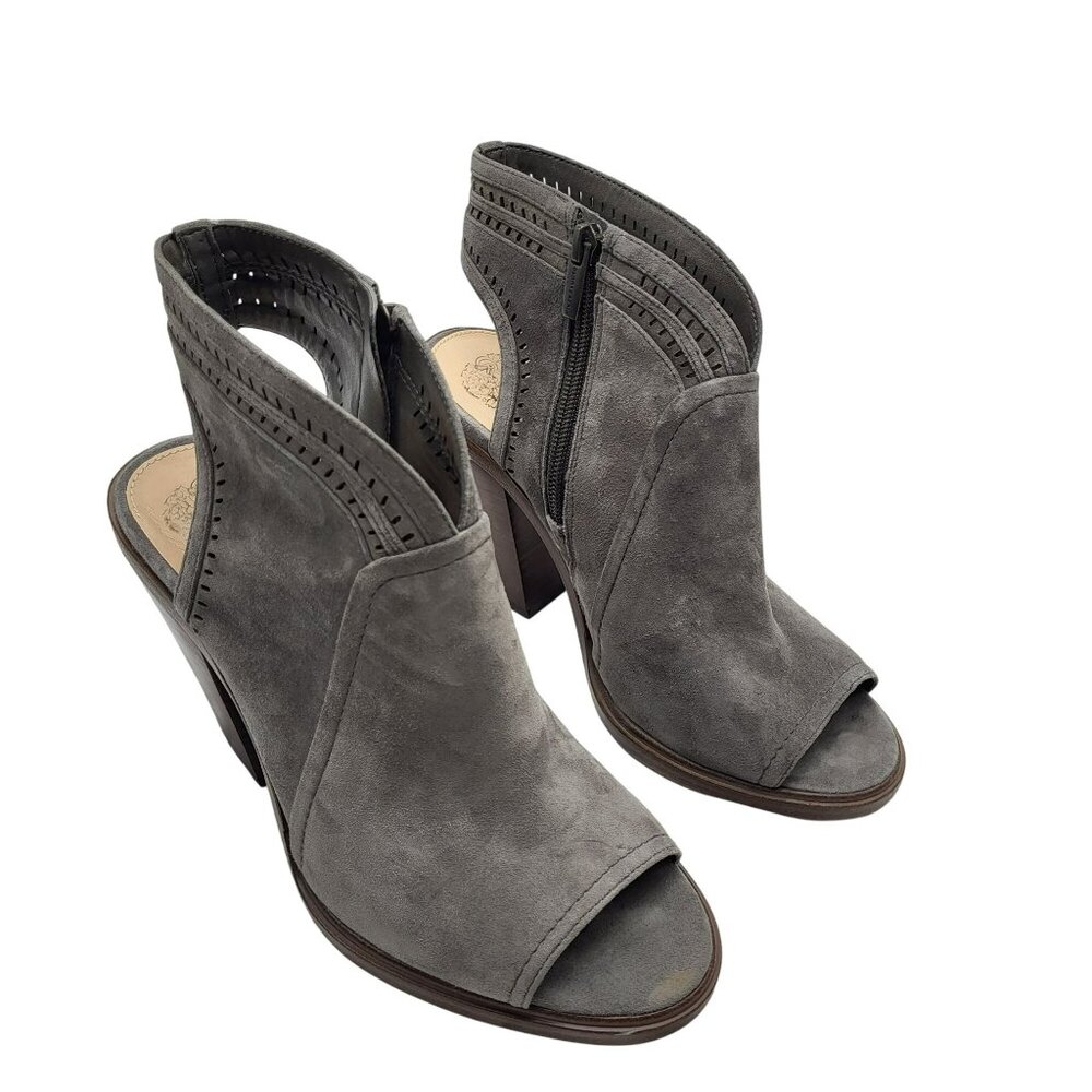 Vince Camuto Koral Gray Suede Perforated Peep-Toe Heeled Booties Women's 8.5M